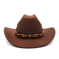 Classic dark brown wool felt western cowboy hat with bohemian beaded decorative band - M (56-58cm) / Brown