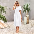 White tiered maxi dress with ruched waist and ruffle sleeves for resort wear style - S / White