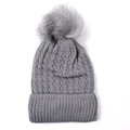 Detail of grey cable knit beanie with fluffy faux fur pompom and wide ribbed cuff edge - Gray
