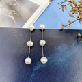 Long S925 silver needle pearl tassel earrings with three white freshwater pearls - Stud-3 Pearls / Silver