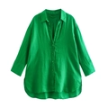 Bright green long sleeve linen shirt for women with button-down collar and side slits - XS / Green