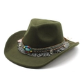 Olive green wool felt cowboy hat with bohemian beaded band and tassel detail - M(56-58cm) / Army Green
