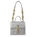Silver embossed square bag with golden chain strap and handle shown on a white background - Silver