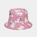 Detail of pink reversible bucket hat featuring cute cartoon dog patterns and reinforced stitching - M (56-58cm) / Color 8 (Pets and Bones Print - Pink)