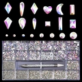 Nagelsteentjes set met aurora glas in hart- en maanvorm inclusief doorzichtige opbergbox - Iriserende AB Stijl (A1054-04)