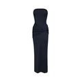 Detail of black strapless maxi dress featuring waist pleats and twist knot design - S / Black