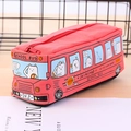 Creative red bus-shaped canvas pencil case with large capacity and cartoon graphics - School Bus / Red