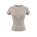 Gros plan sur la texture côtelée et le col rond de ce t-shirt slim couleur terre cuite - Kaki