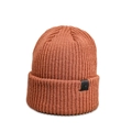 Detail of caramel knit beanie showing ribbed texture and leather Favorite label - M (56-58cm) / Caramel