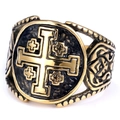 Anello Croce di Gerusalemme da uomo in acciaio inossidabile lucidato oro e nero - US 14 / Oro Vintage Annerito (17203)