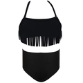 Girls black two-piece halter bikini featuring bohemian fringe details and high waist - 104 / Black Tassel Plain Pants Set