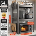Expandable 3-tier grey metal microwave rack with adjustable height and side hooks - 3-Tier Fixed 64CM + Board Rack + 6 Hooks - Gunmetal Grey