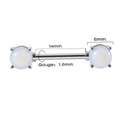 Silver stainless steel nipple bar with white opal stones and sizing details shown - Opal