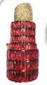 Macro shot of lipstick-shaped evening clutch with red crystals and gold rhinestones - Gold & Red