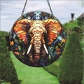 Colorful acrylic elephant suncatcher with floral mosaic patterns and black hanging chain - Elephant