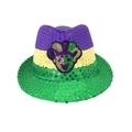 Chapeau fedora à paillettes Mardi Gras violet or et vert avec emblème masque festif - Taille unique / Chapeau de jazz style bouffon A