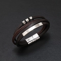 Multi-layer men's dark brown braided leather bracelet with silver magnetic metal clasp - Silver Magnetic Clasp/Coffee Leather