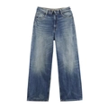 Classic blue wide-leg denim jeans with retro wash and distressed details on white background - XS / Blue