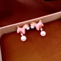 18K gold plated pony earrings with pink enamel finish and white pearl drops - Pink Pearl Pony (Silver Pin - 18K Gold Plated)