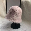 Women's warm fuzzy bucket hat in light pink faux rabbit fur for autumn and winter - Adjustable / Khaki
