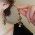 Bohemian tassel earrings with bronze metal hollow patterns and colorful beads - Red Green (26# Ear Hook-Copper)