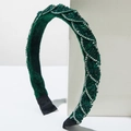 Detail of luxury green velvet headband with hand-woven emerald rhinestones and silver crystals - Green