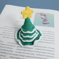 Handmade crochet Christmas tree hair clip in green with white trim and yellow star - Emerald Green Tree Hat
