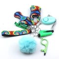 Tie-dye fabric pouch keychain set with green opener and blue pompom accessory - Tie Dye (Style 18)