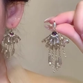 Elegant long tassel earrings with purple gems and champagne crystal drop pendants - 15# Silver Pin - Silver & Red