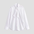 Women's pussy-bow striped poplin shirt with long sleeves in white and black - XS / White