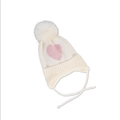 Detailed knit texture of cream baby hat with pink heart pattern and soft white pompom - Kids (49-52cm) / White