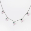 Detail view of silver chain necklace with five pink peach-shaped zircon pendants - Silver Peach Necklace