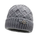 Grey knit winter hat for elderly women with quilted pattern and rhinestone bow detail - Gray