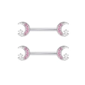 Pink crystal moon nipple ring with white pearl on stainless steel barbell pair - Pink Moon Pair