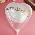 Heart-shaped transparent cake topper balloon with golden Happy Birthday print and white stick - Transparent Heart-Happy Birthday / Gold Text