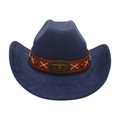 Cappello da cowboy blu navy in finta pelle scamosciata con fascia marrone e teschio di toro - Blu navy