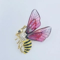 Cute gold-plated bee brooch with yellow stripes, rhinestone chest, and pink glitter wings - Style 25