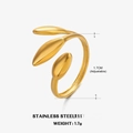 Adjustable 18K gold plated stainless steel ring featuring a three-leaf wrap design - Intertwined Leaf Style (ZN184) / Steel