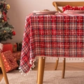 Mantel navideño con diseño de cuadros rojo azul y copos de nieve con pompones blancos - 140*160cm / Cuadros Rojos y Blancos con Pequeñas Bolas de Nieve