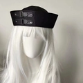 Chic black striped sailor cap for women featuring decorative leather straps and metal buckles - M (56-58cm) / Black With Belt Buckle