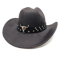 Detail of western cowboy hat with black leather band and silver bull head metal logo - M(56-58cm) / Striped Black