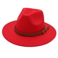 Classic red wool felt fedora hat featuring a brown leather belt buckle band for unisex style - One Size / Red