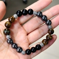 Bracelet ajustable triple protection avec perles en œil de tigre, obsidienne et hématite - 10mm / Oeil de Tigre Et Hématite Et Agate Noire