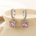 Silver square hoop earrings featuring a pink zircon center stone and diamond halo - Pink-Silver