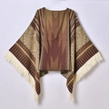 Brown Western style knit poncho with geometric patterns and fringe hem for outdoor travel - 130x150cm / Pullover Tassel Shawl Coffee