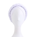 Close-up of white braided turban headwrap showing detailed knit texture and elastic fabric - One Size / White