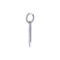 Minimalist silver cross hoop earring featuring a fine chain and solid cylindrical pendant - Silver Hoop Long Bar with Chain Earring (Single)
