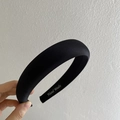 Padded wide black satin headband with handmade label, Korean style hair accessory - Black