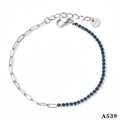 Silver stainless steel anklet with blue zircon gemstones and half-metal chain - Blue Zircon Silver (A539)