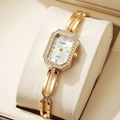 Elegant gold octagonal watch with crystal bezel and luxury metal bracelet for women - White